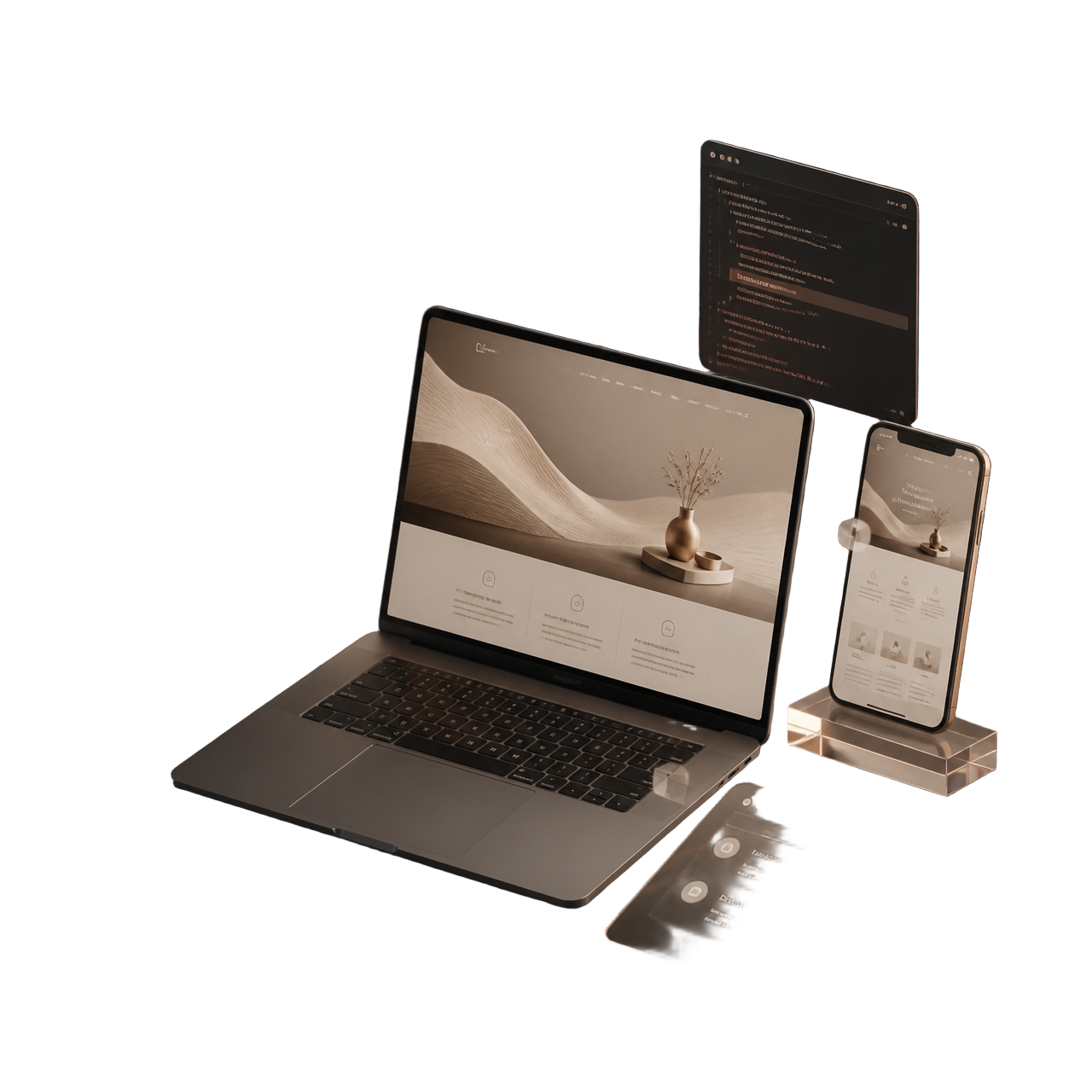 Composición 3D con laptop, ventanas de navegador y componentes de interfaz flotando